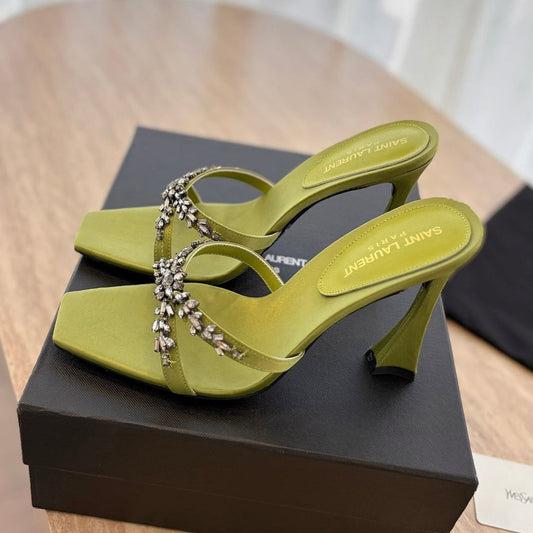 RAV HIGH HEEL 10 CM EMBELLISHED OLIVE GREEN SATIN MULES