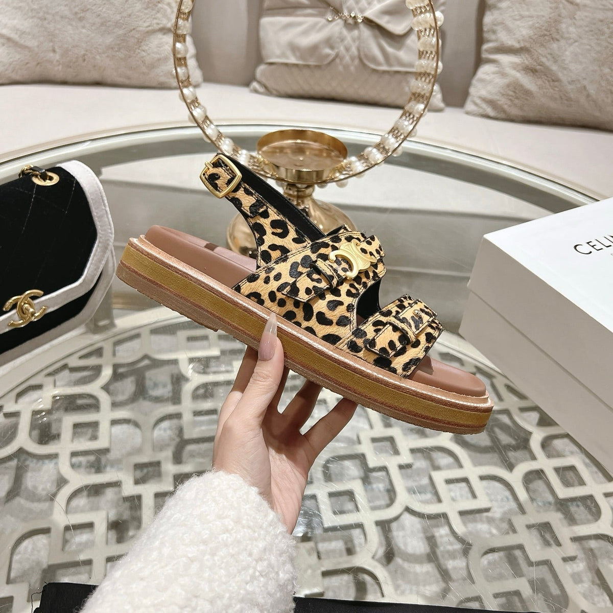TIPPI TRIOMPHE SANDAL IN LEOPARD PRINTED HAIRY CALFSKIN