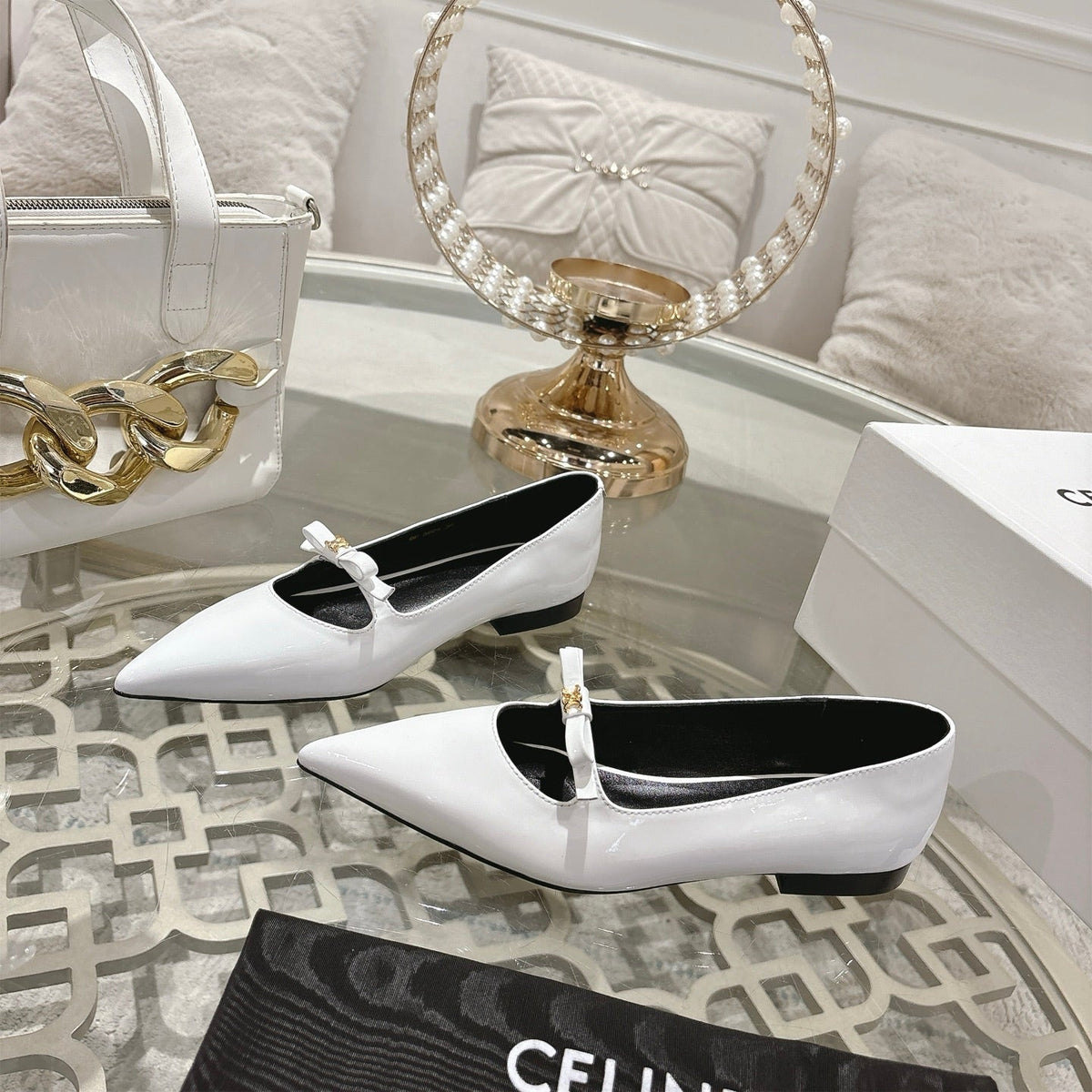 SUZY POINTY TOE BALLERINA IN WHITE PATENT CALFSKIN