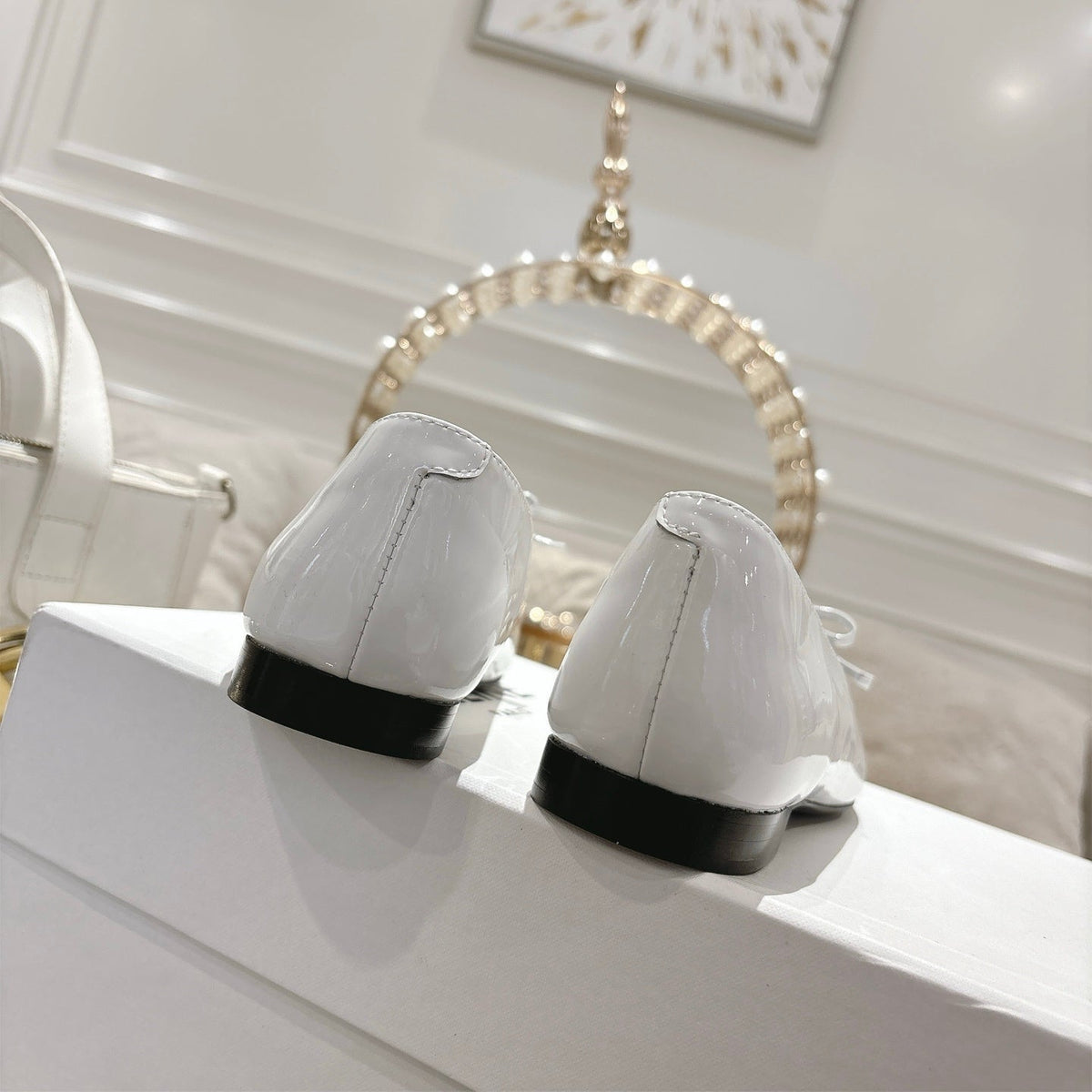 SUZY POINTY TOE BALLERINA IN WHITE PATENT CALFSKIN