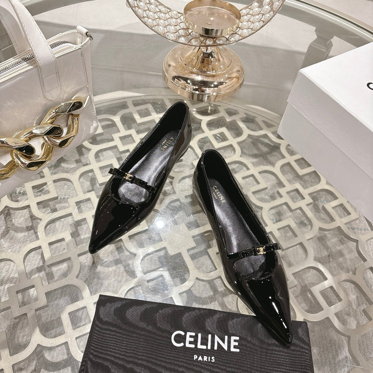 SUZY POINTY TOE BALLERINA IN BLACK PATENT CALFSKIN