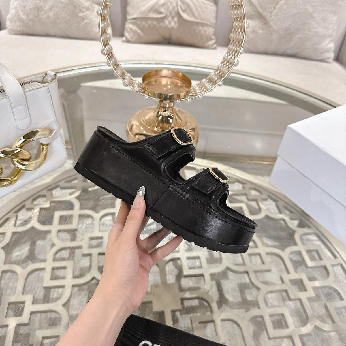 POLLY WEDGE MULE IN BLACK SHINY CALFSKIN
