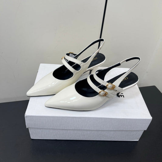 JUDY DOUBLE STRAP MARY JANE SLINGBACK IN WHITE PATENT CALFSKIN