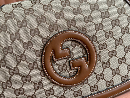 BLONDIE LARGE TOP HANDLE BAG 32 IN BEIGE AND DARK BROWN CANVAS BROWN CALFSKIN
