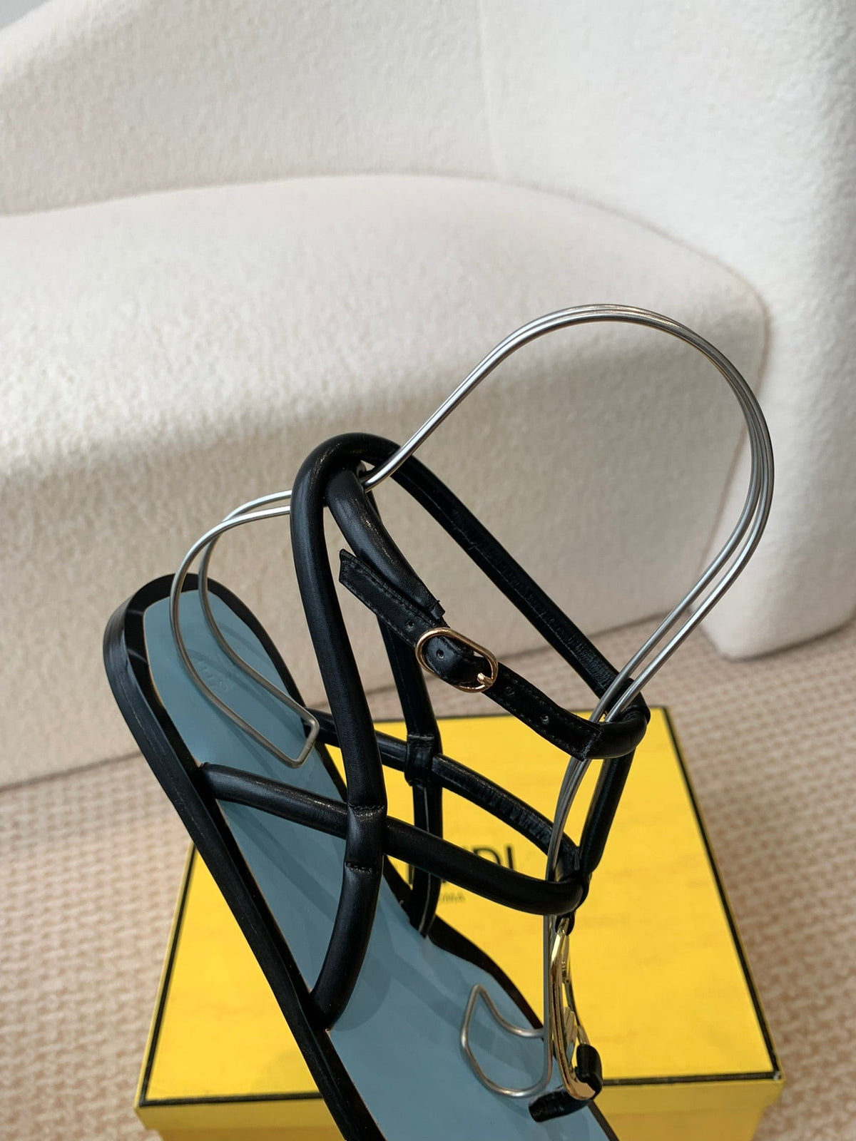 FENDI O'LOCK THONG SANDAL BLACK AND BLUE CALFSKIN WITH GOLD HARDWARE