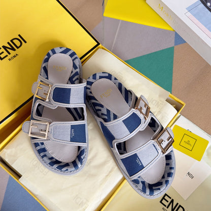 FENDI DAD SANDAL IN NAVY BLUE MIX WHITE MONOGRAM JACQUARD FABRIC