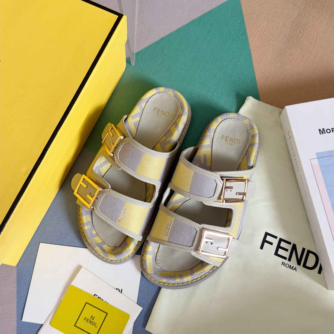 FENDI DAD SANDAL IN YELLOW MIX LIGHT PURPLE CANVAS WITH GOLD HARDWARE