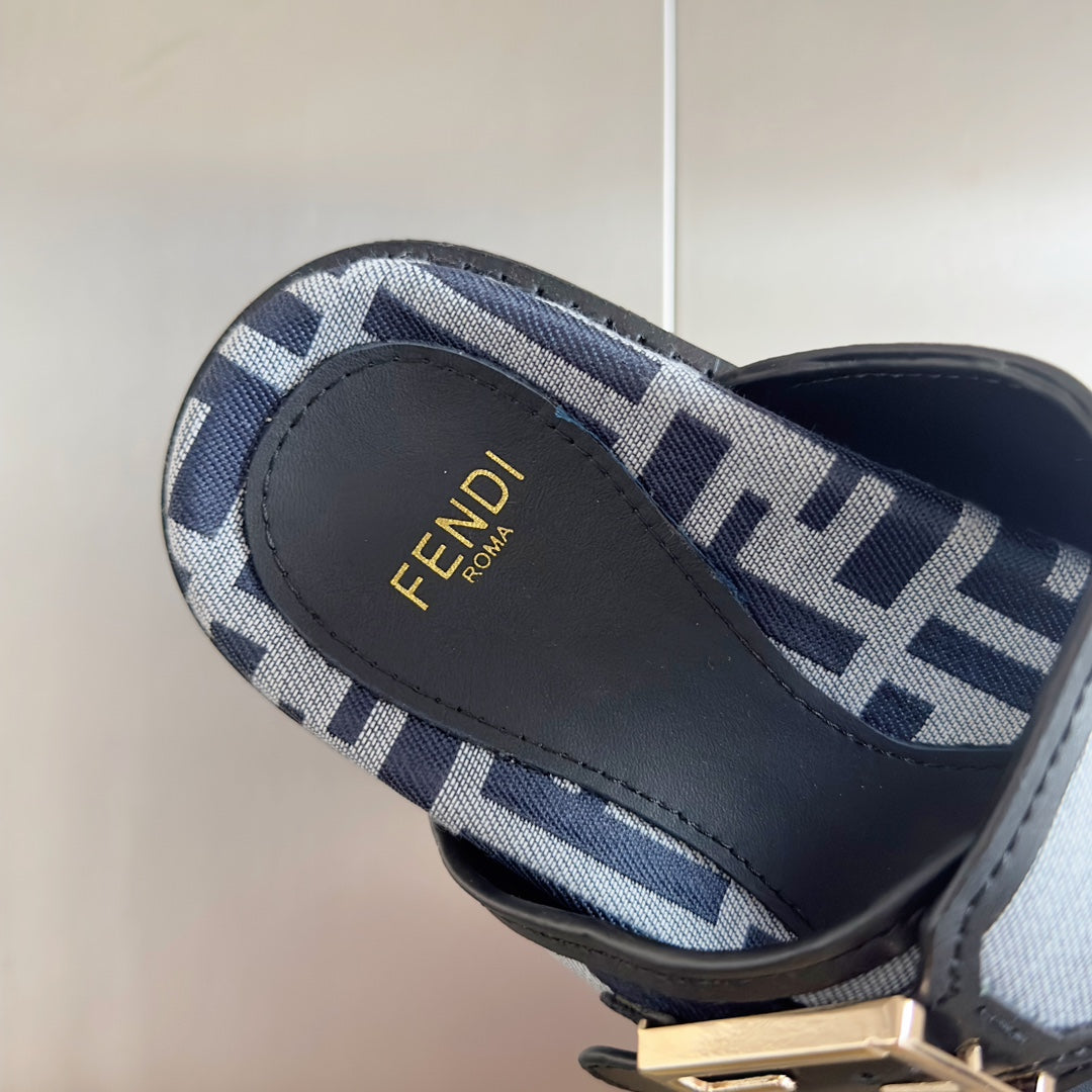 FENDI DAD SANDAL IN NAVY BLUE MIX LIGHT GREY CANVAS WITH GOLD HARDWARE