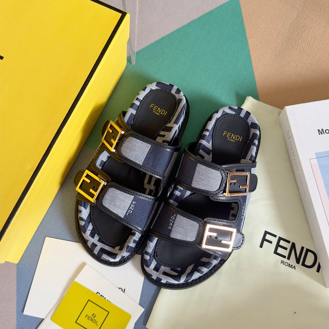 FENDI DAD SANDAL IN NAVY BLUE MIX LIGHT GREY CANVAS WITH GOLD HARDWARE