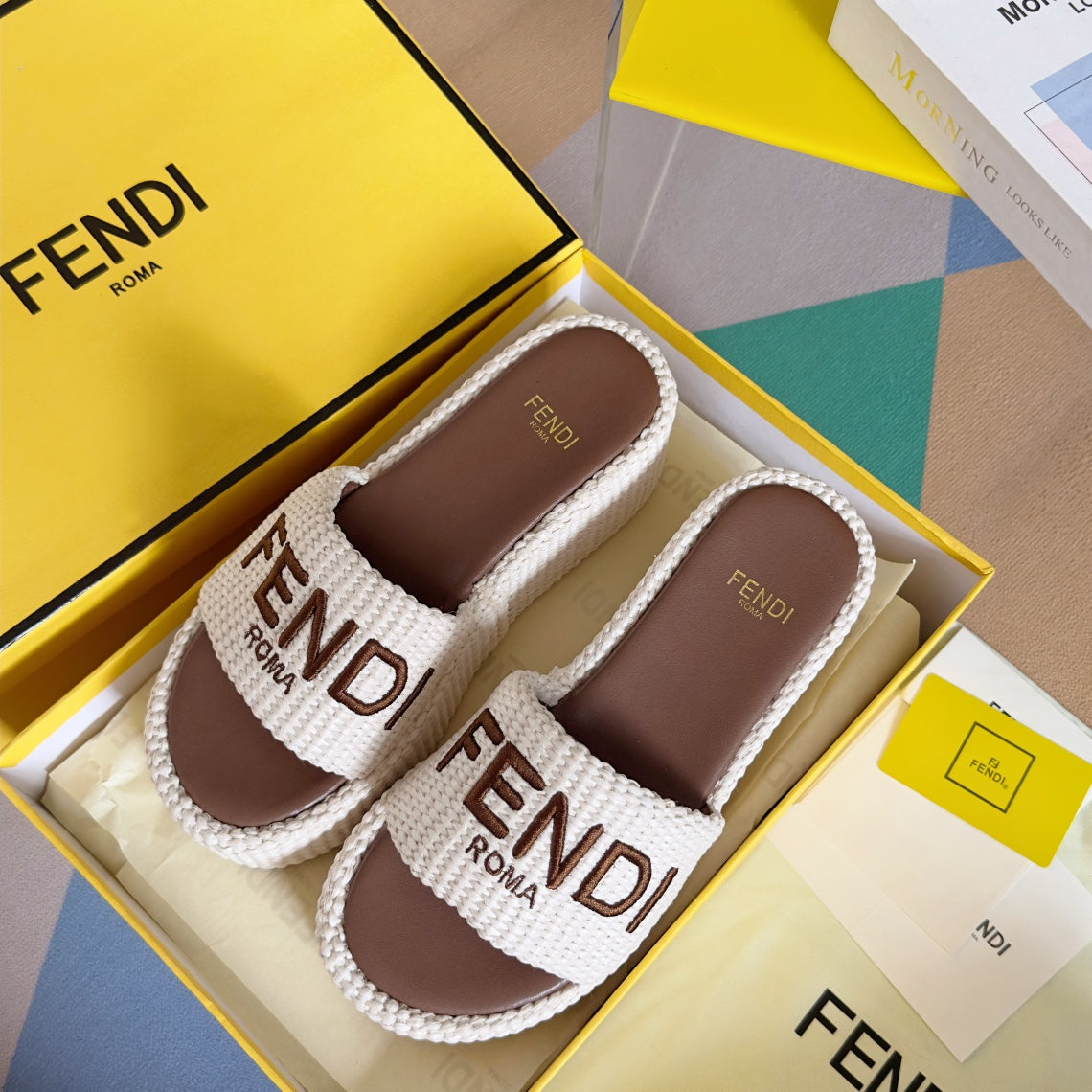 FENDI PLATFORM WEDGES IN WHITE RAFFIA WITH BROWN EMBROIDERED LOGO