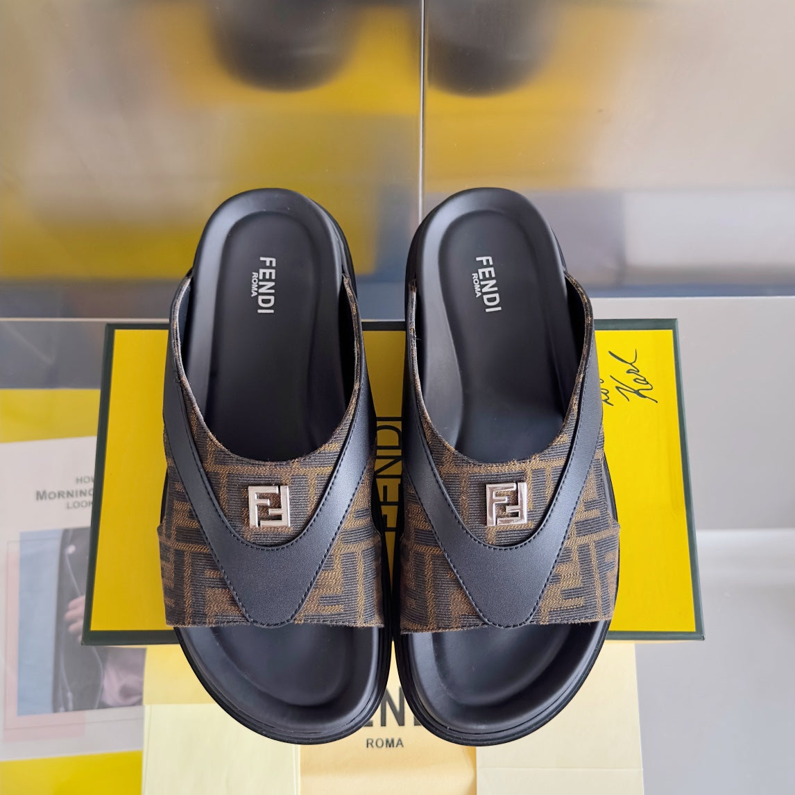 FENDI DIAGONAL ONE-STRAP SLIDE IN BLACK MIX BROWN MONOGRAM CALFSKIN