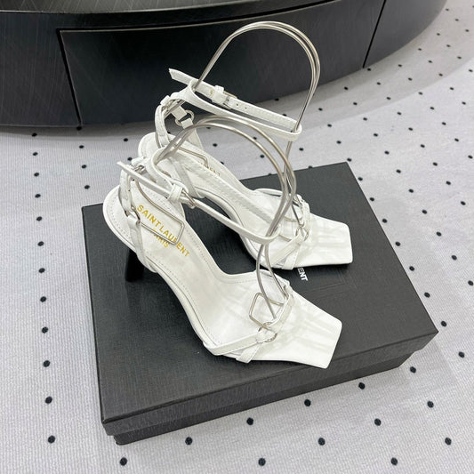 SL ANKLE-BUCKLE HEELED SANDALS WHITE CALFSKIN