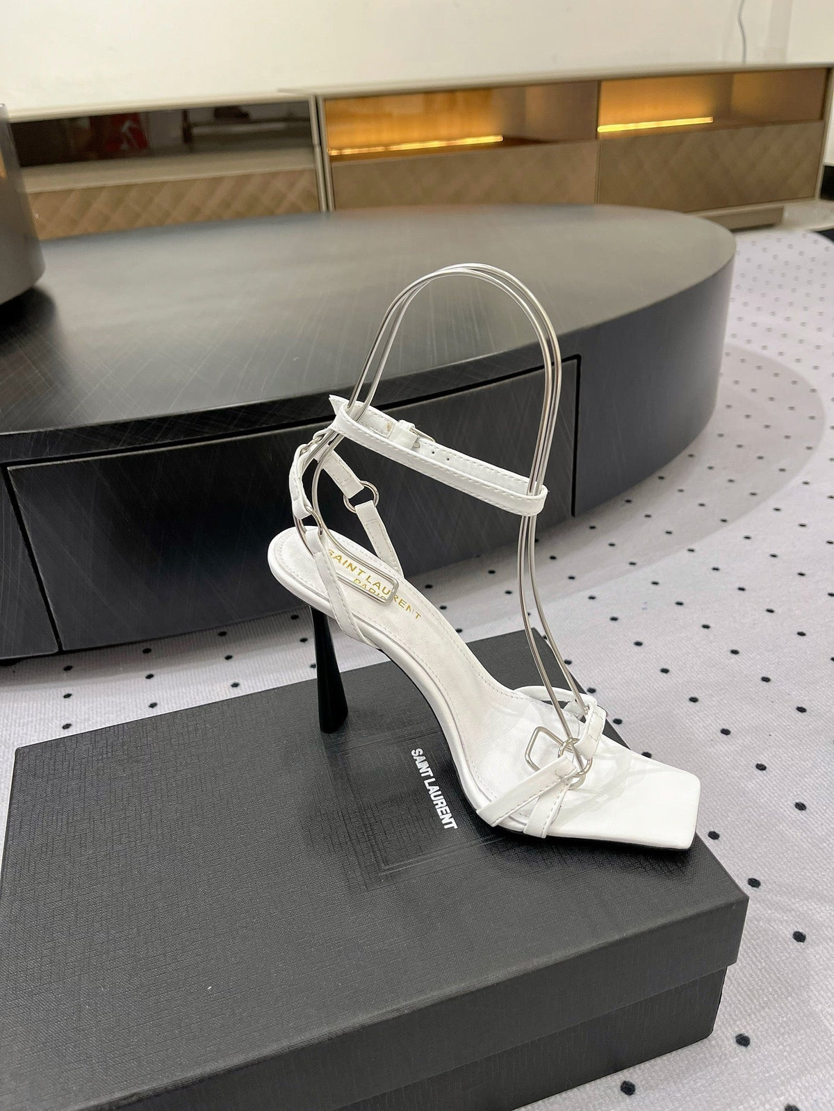 SL ANKLE-BUCKLE HEELED SANDALS WHITE CALFSKIN