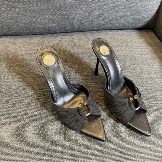 LOLA HIGH MULES IN BLACK SMOOTH LAMBSKIN AND DRAPED JERSEY