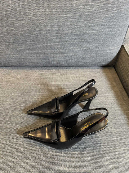 POINTED-TOE SLINGBACK PUMPS IN BLACK SHINY CALFSKIN