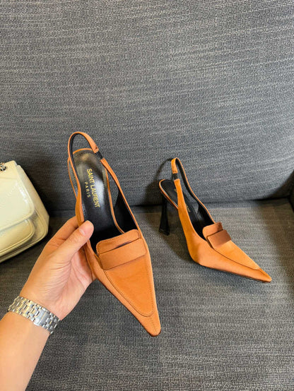 POINTED-TOE SLINGBACK PUMPS IN TANGELO ORANGE SILK