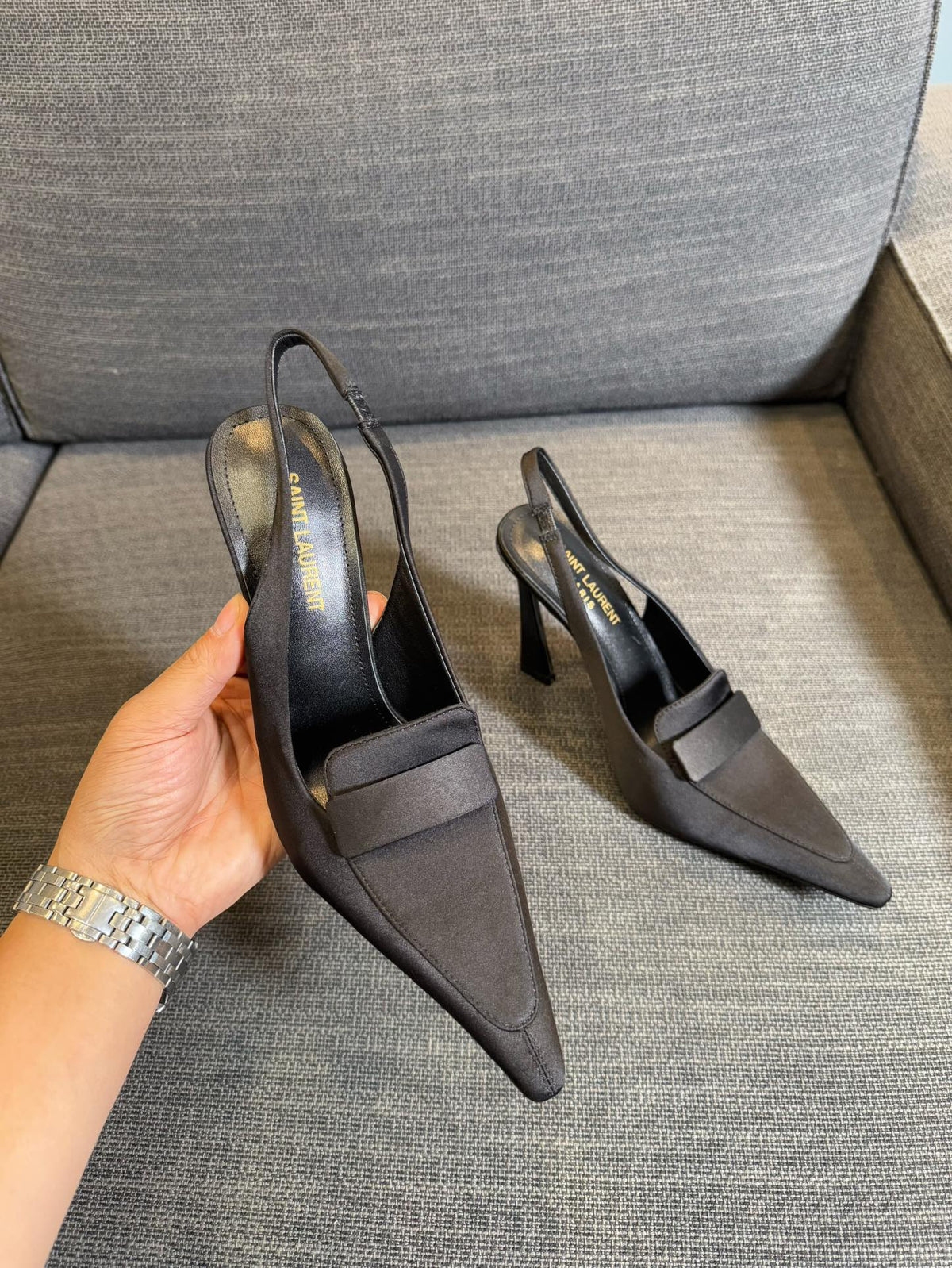 POINTED-TOE SLINGBACK PUMPS IN BLACK SILK