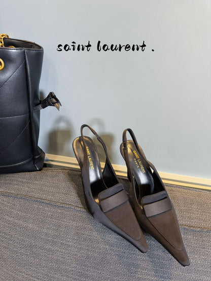 POINTED-TOE SLINGBACK PUMPS IN BLACK SILK