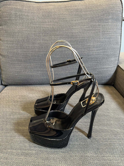 LA SCANDALE PLATFORM SANDALS IN BLACK GLOSSY CALFSKIN