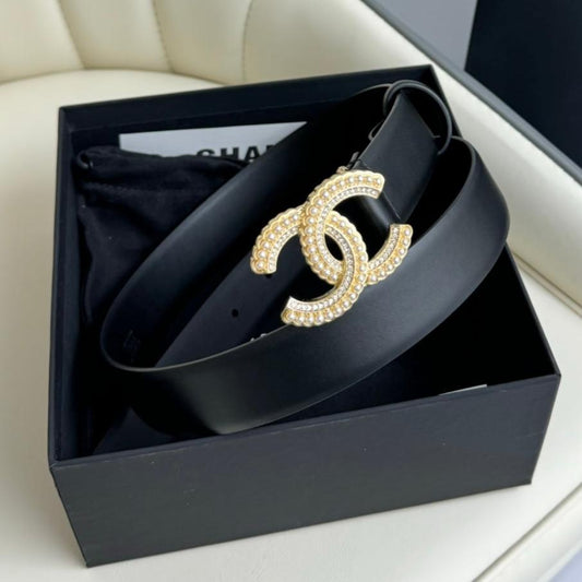 CC BELT 30MM IN BLACK SMOOTH CALFSKIN GOLD HARDWARE ATTACH PEARLS