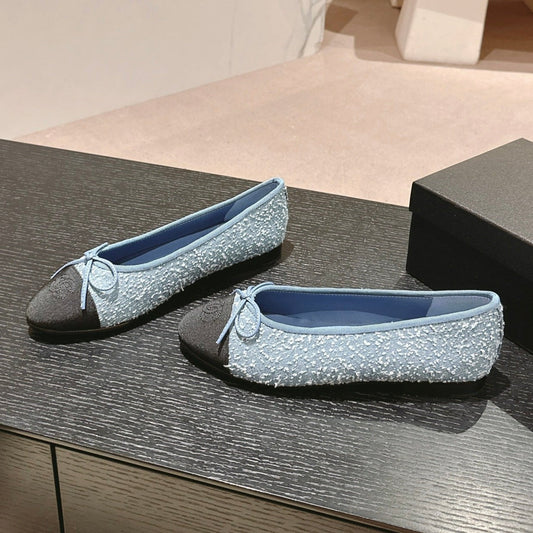 BALLET FLATS IN CERULEAN BLUE DENIM AND BLACK SATIN