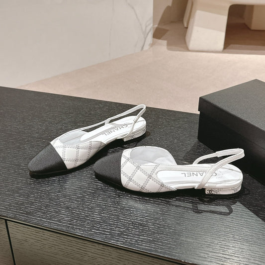 SLINGBACKS IN WHITE LAMBSKIN AND BLACK SATIN