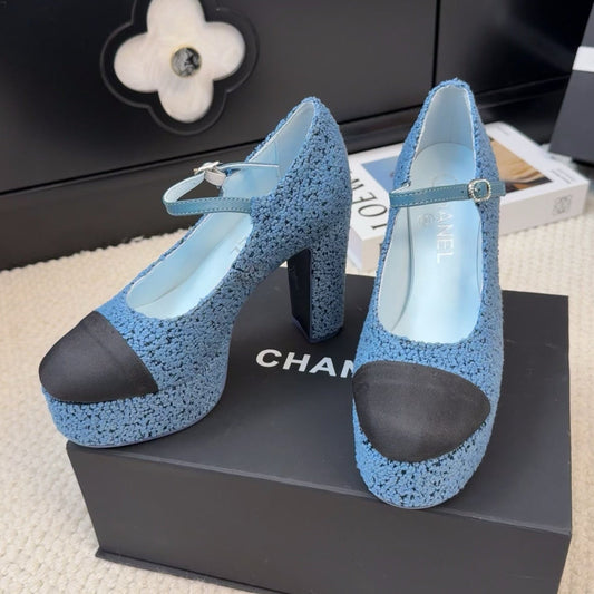 FLATFORM SANDAL IN AEGEAN BLUE TWEED AND BLACK FABRIC
