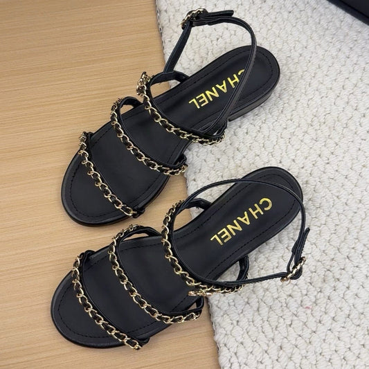 THREE-STRAPS SANDALS IN BLACK CALFSKIN WITH GOLD HARDWARE