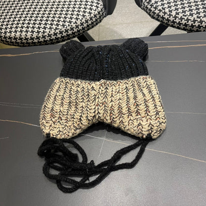 KNITTED BEANIE HAT WITH CUTE EARS IN BLACK MIX BEIGE WOOL 403483