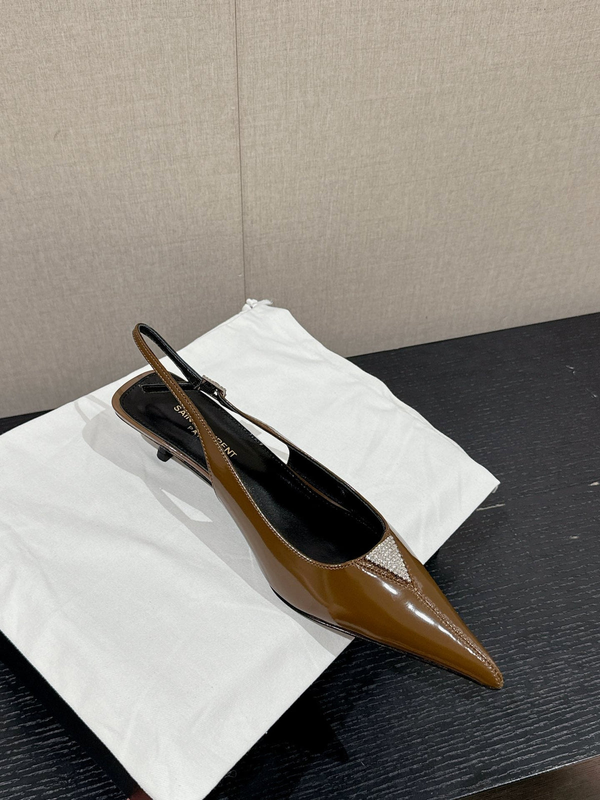 SL CHERISH CRYSTAL SLINGBACK ASH BROWN CALFSKIN