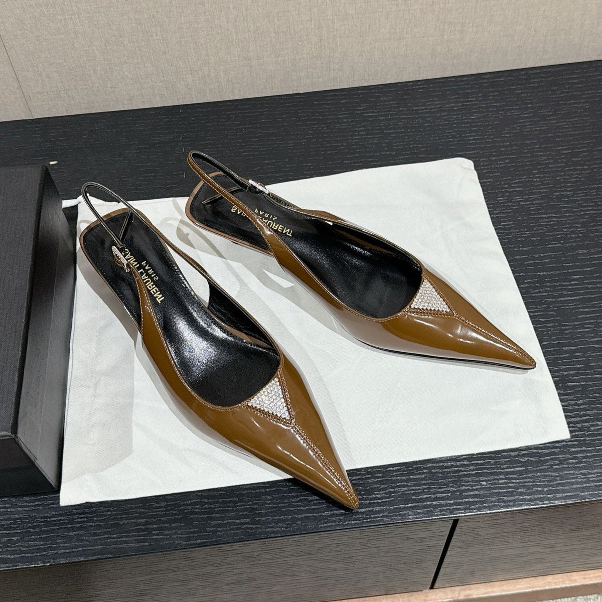 SL CHERISH CRYSTAL SLINGBACK ASH BROWN CALFSKIN