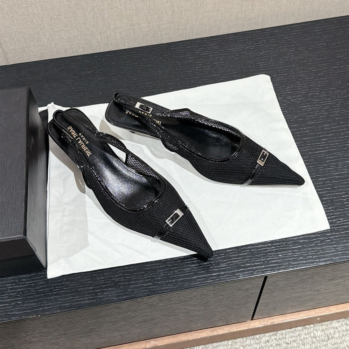 SL CHERISH BUCKLE SLINGBACK 45 BLACK MESH