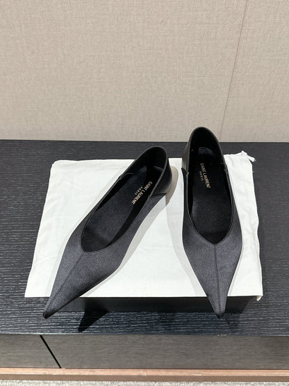 SL NOUR POINTED TOE BALLET BLACK SATIN