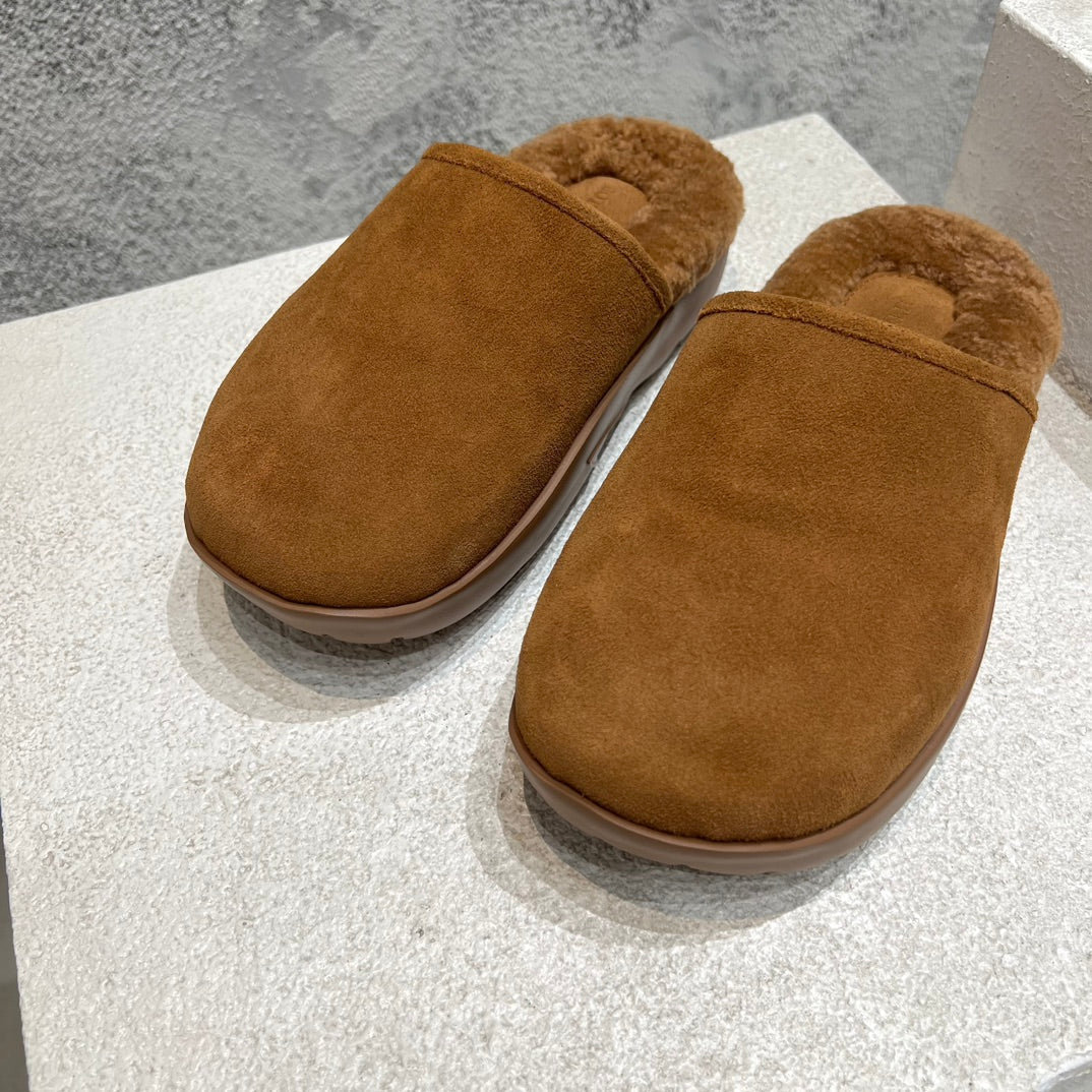 SNAP SLIPPER IN BRONZE BROWN SUEDE AND SHEARLING LINING