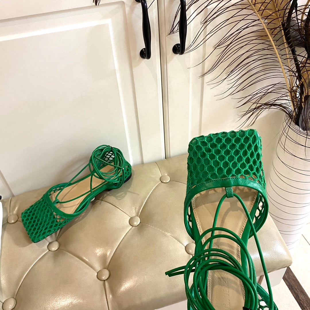STRETCH LACE-UP FLAT SANDAL IN COOL GREEN METALLIZED MESH AND LEATHER