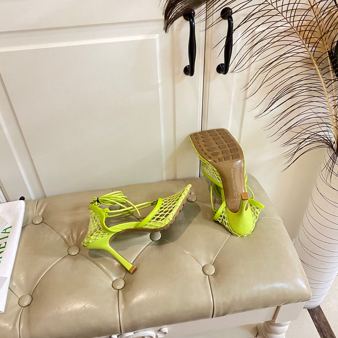 STRETCH LACE-UP SANDAL IN NEON GREEN METALLIZED MESH AND LEATHER 9 CM