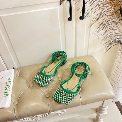 LACE-UP FLAT SANDAL IN COOL GREEN METALLIZED MESH AND LEATHER WITH RHINSTONES