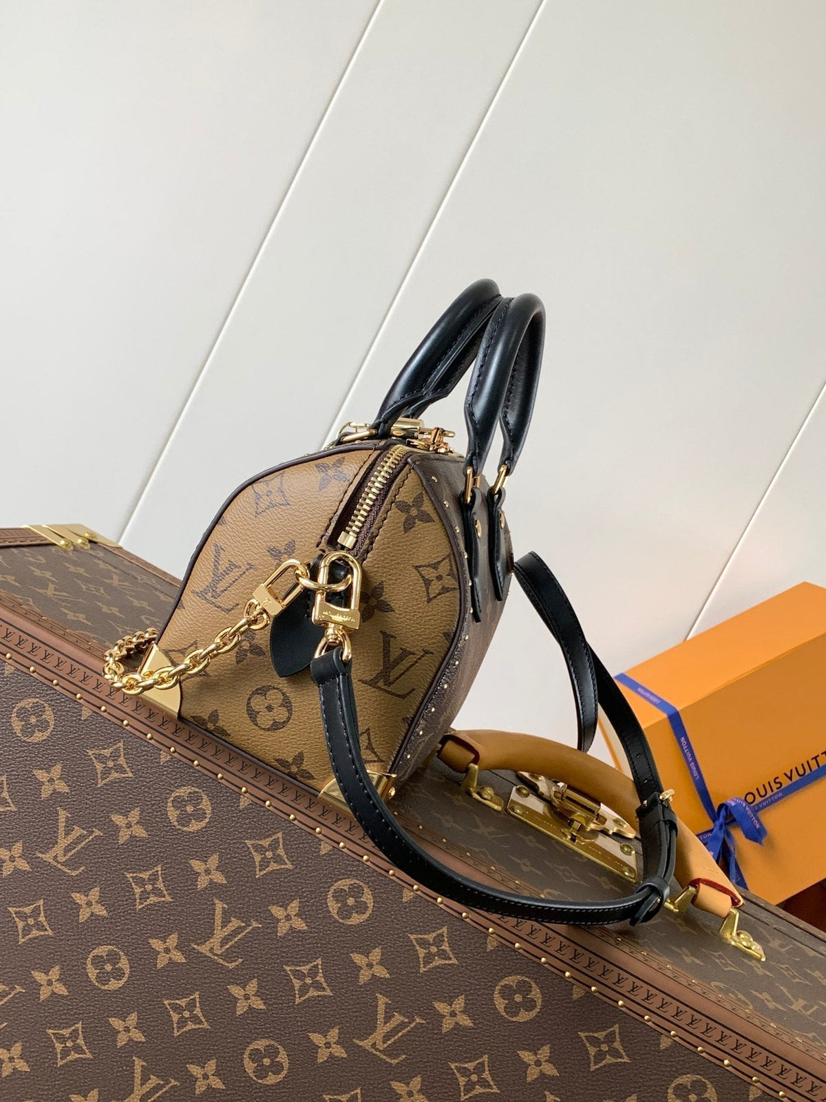 SPEEDY TRUNK BAG 20 IN BROWN MONOGRAM COATED CANVAS AND BLACK CALFSKIN
