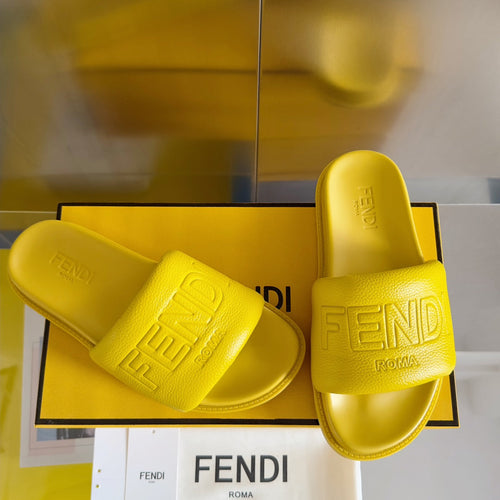 FENDI ROMA SLIDES IN SUNSHINE YELLOW FUSSBETT LAMBSKIN