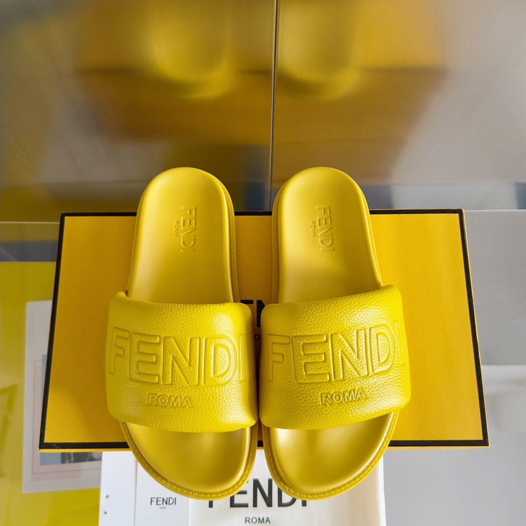 FENDI ROMA SLIDES IN SUNSHINE YELLOW FUSSBETT LAMBSKIN