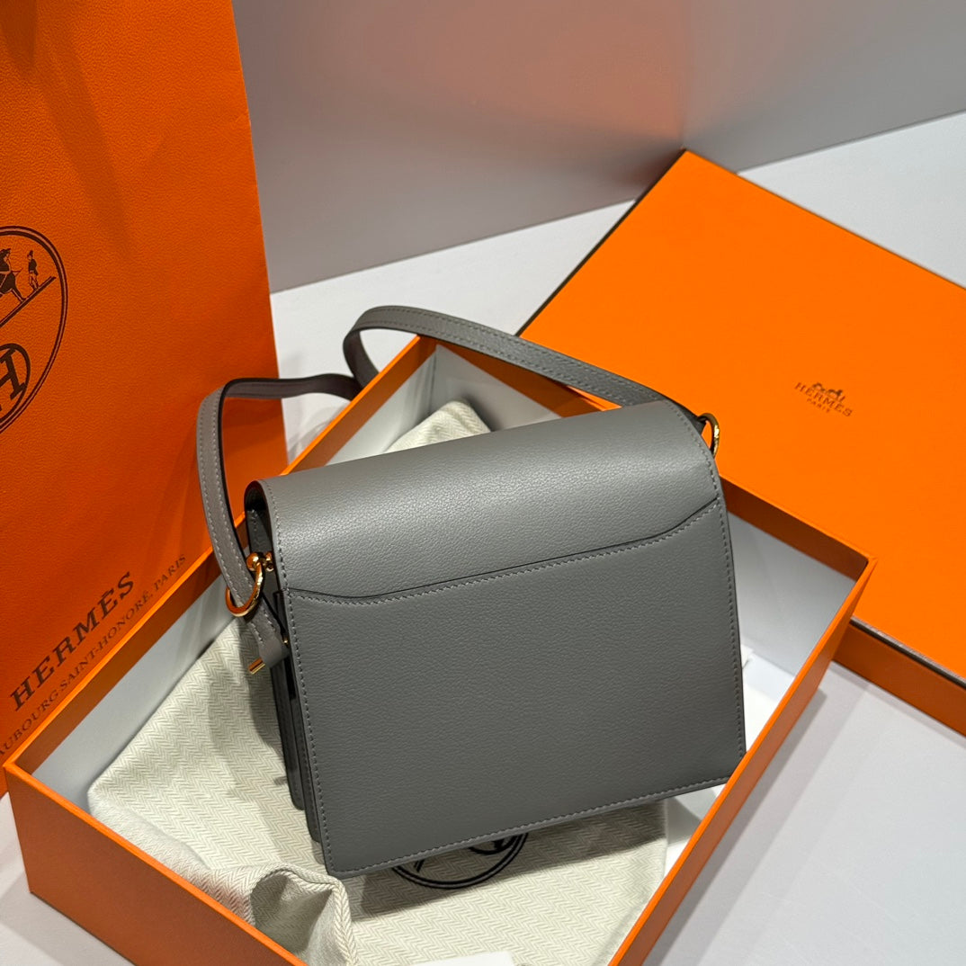 HM ROULIS 18 MINI BAG IN DARK GREY CALFSKIN GOLD-TONE HARDWARE