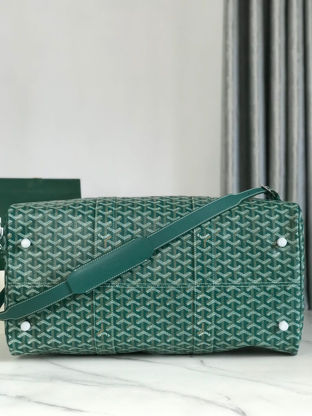 BOSTON 50 BAG IN GREEN GOYARDINE CANVAS AND CALFSKIN TRIM