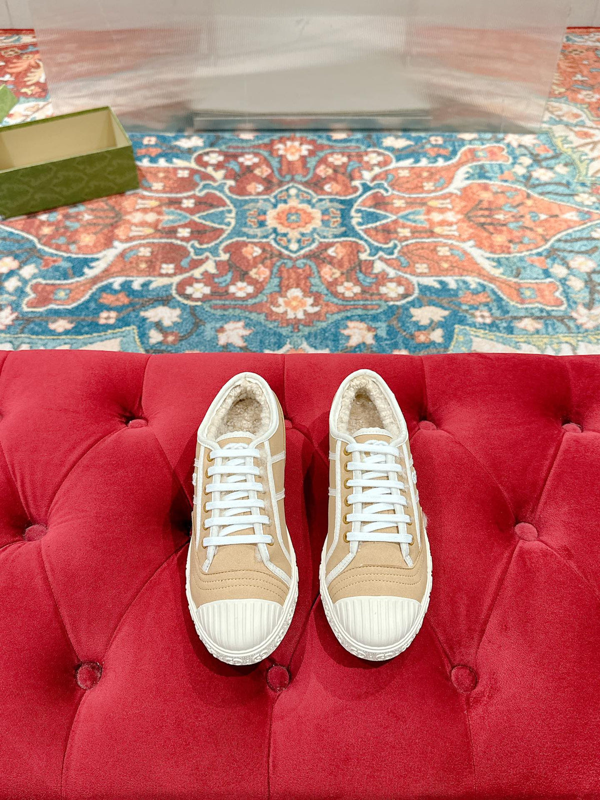 GG CANVAS SNEAKER IN CAMEL BROWN DENIM WITH BEIGE FLEECE LINING