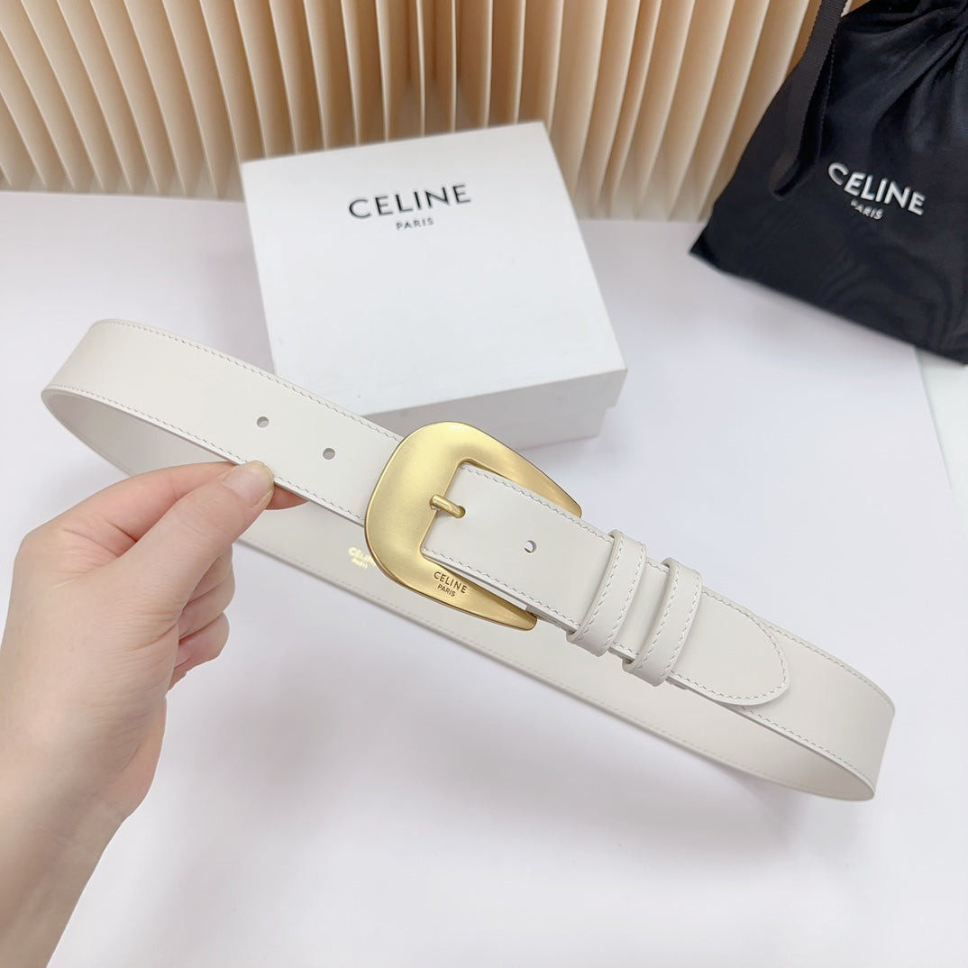 LARGE WESTERN 35 MM BELT WHITE CALFSKIN GOLD HARDWARE