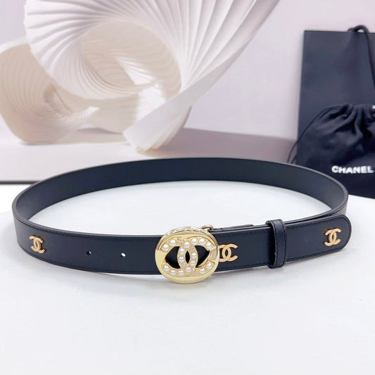 CC 30MM BELT IN BLACK CALFSKIN GOLD HARDWARE ATTACH PEARLS