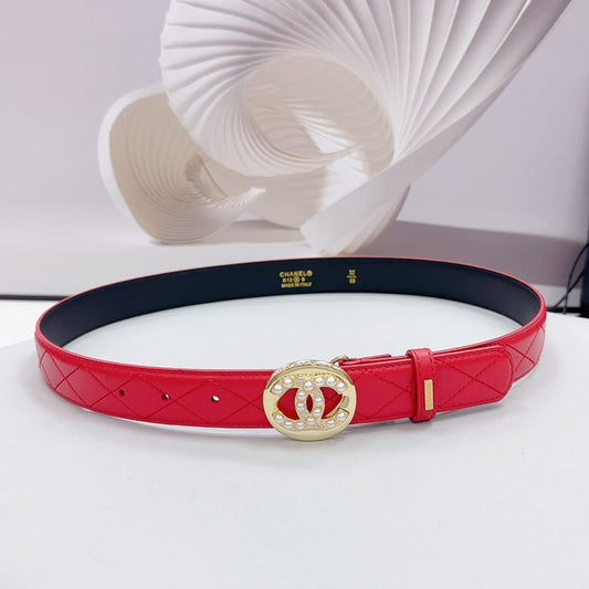 CC 30MM BELT IN CHERRY RED CALFSKIN GOLD HARDWARE ATTACH PEARLS