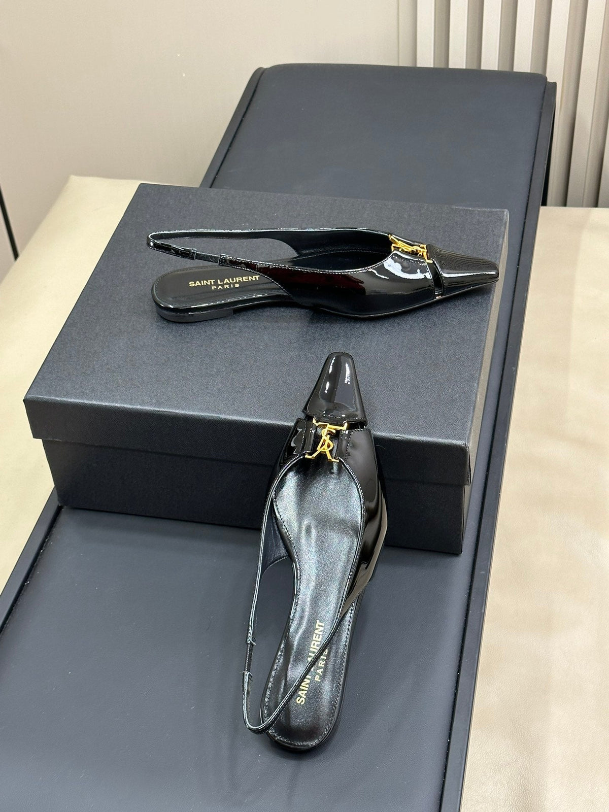 SL BABYLONE SLINGBACK FLAT BLACK POLISHED CALFSKIN