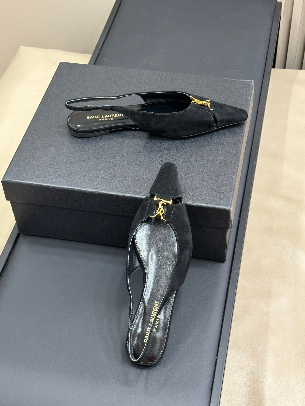 SL BABYLONE SLINGBACK FLAT BLACK SUEDE