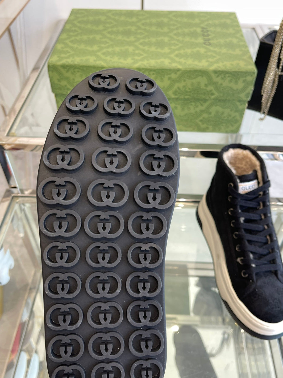 GG HIGH TOP SNEAKER IN BLACK CANVAS WITH BEIGE FLEECE LINING