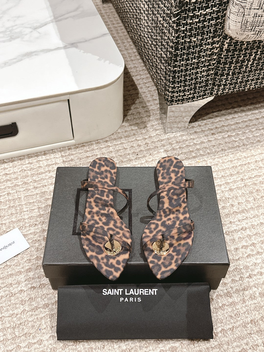 SL TANGER SLIDES LEOPARD SATIN